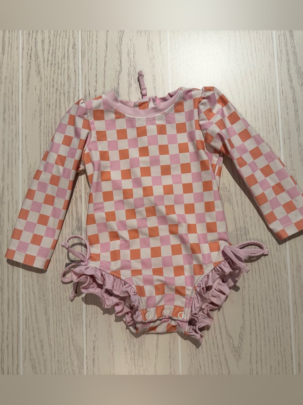 Caden Lane Pink Checkered Ruffle Rash‎ Guard Swimsuit Size 6-12M